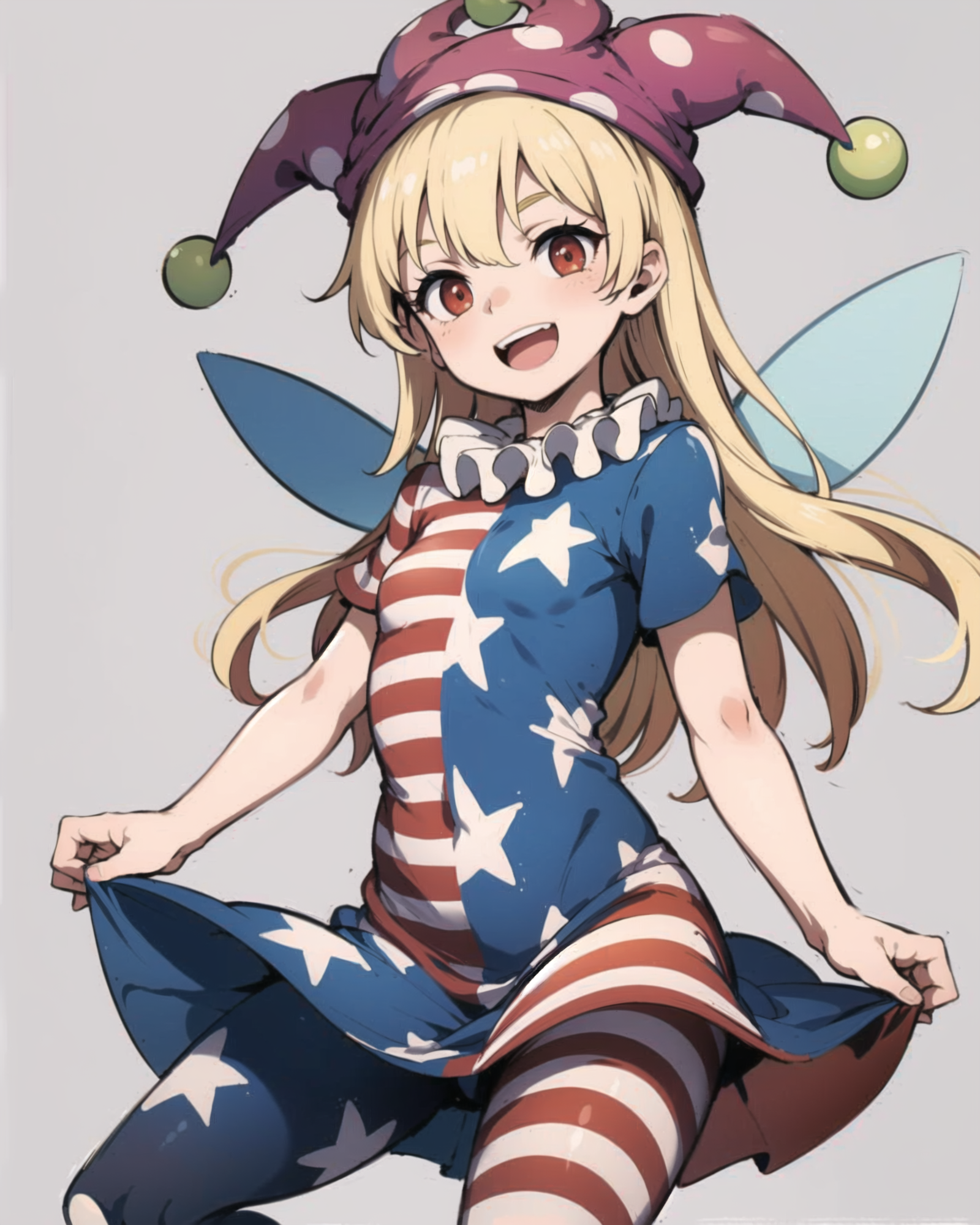00597-1796571427-masterpiece, best quality, _lora_Clownpiece_1_,1girl,jester cap. polka dot,long hair,blonde hair, red eyes,neck ruff, striped dr.png